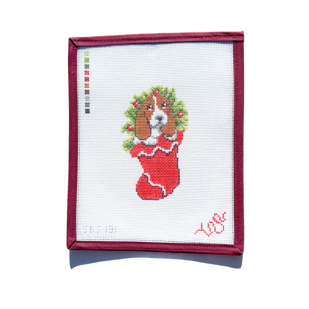 Puppy in Stocking Hand Painted Needlepoint Canvas