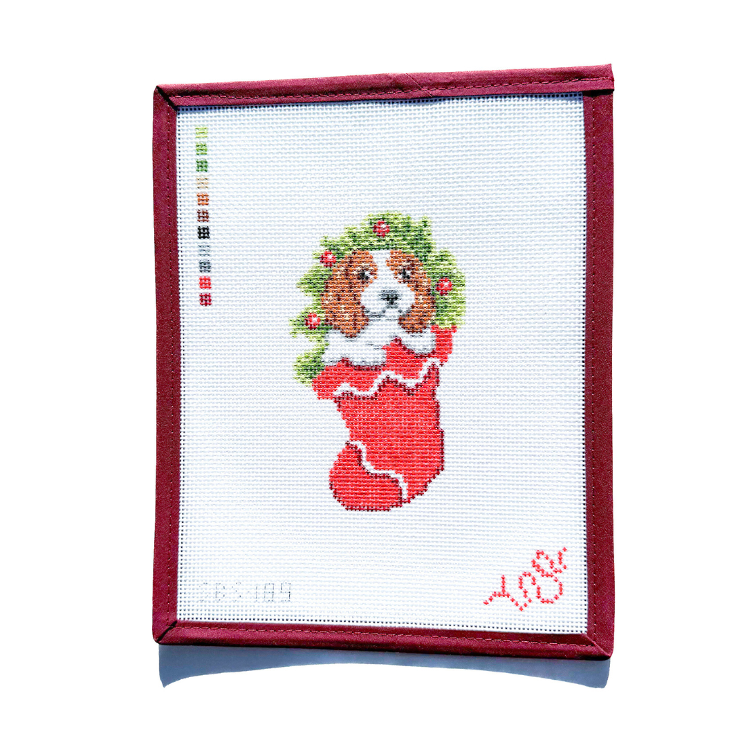 Puppy in Stocking Hand Painted Needlepoint Canvas