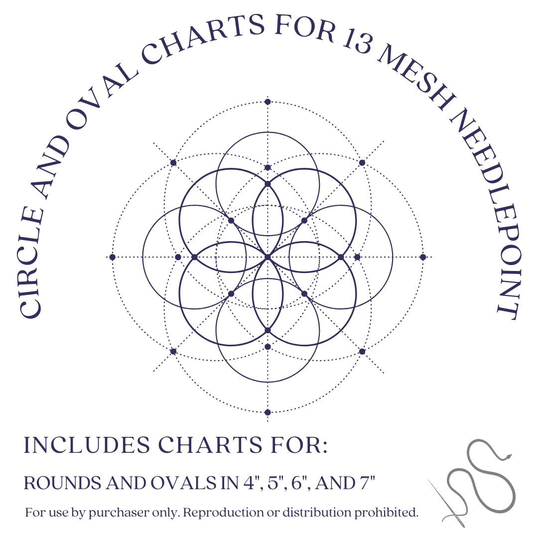 Digital Download - Charts for 13 mesh Needlepoint Rounds and Ovals - 4" through 7"