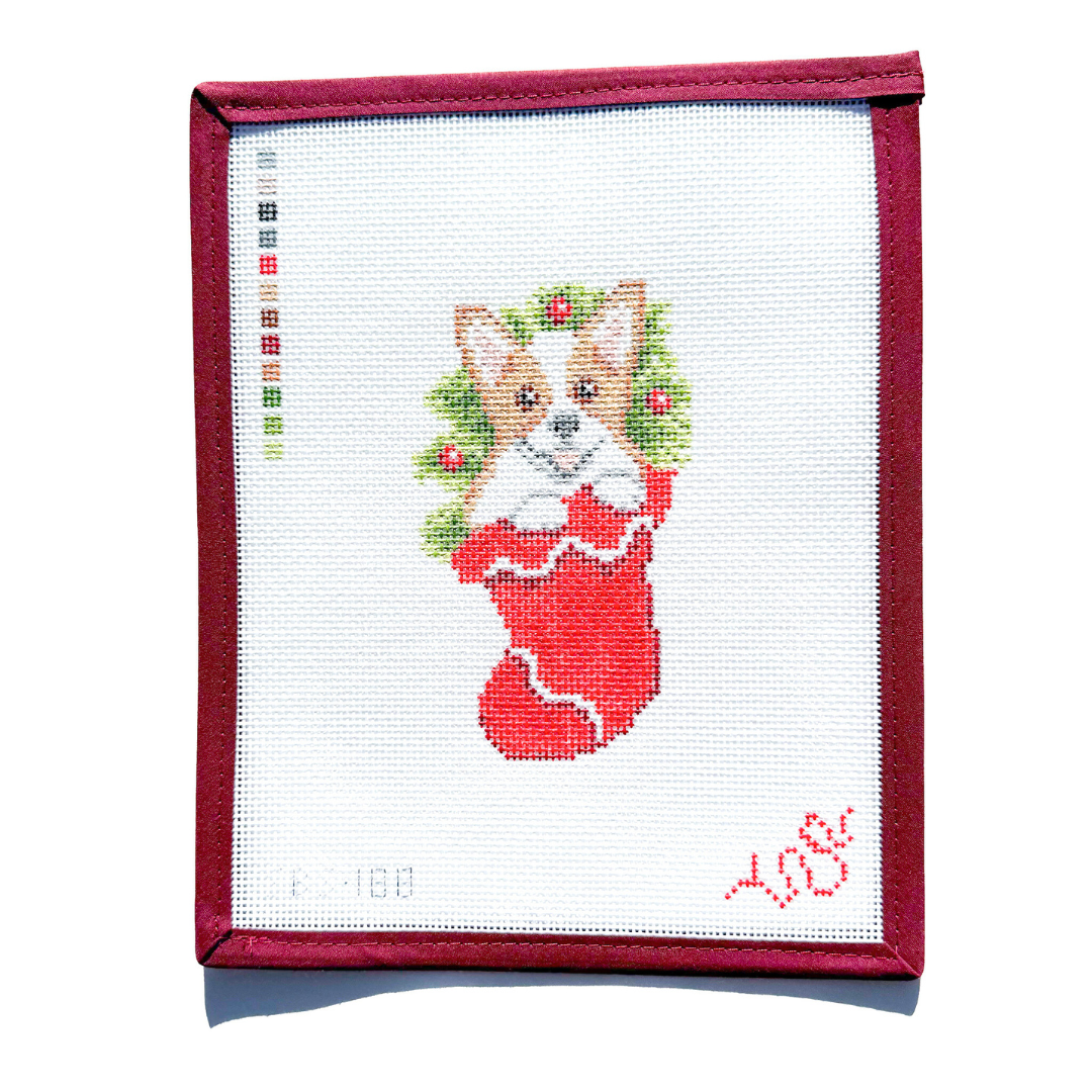 Puppy in Stocking Hand Painted Needlepoint Canvas