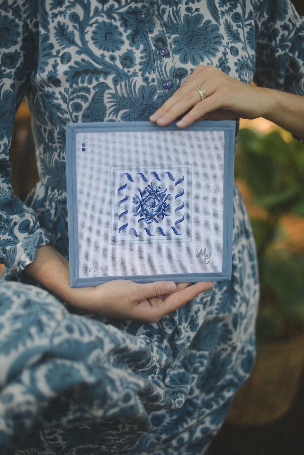 Camelia in Indigo Needlepoint Canvas and Threads