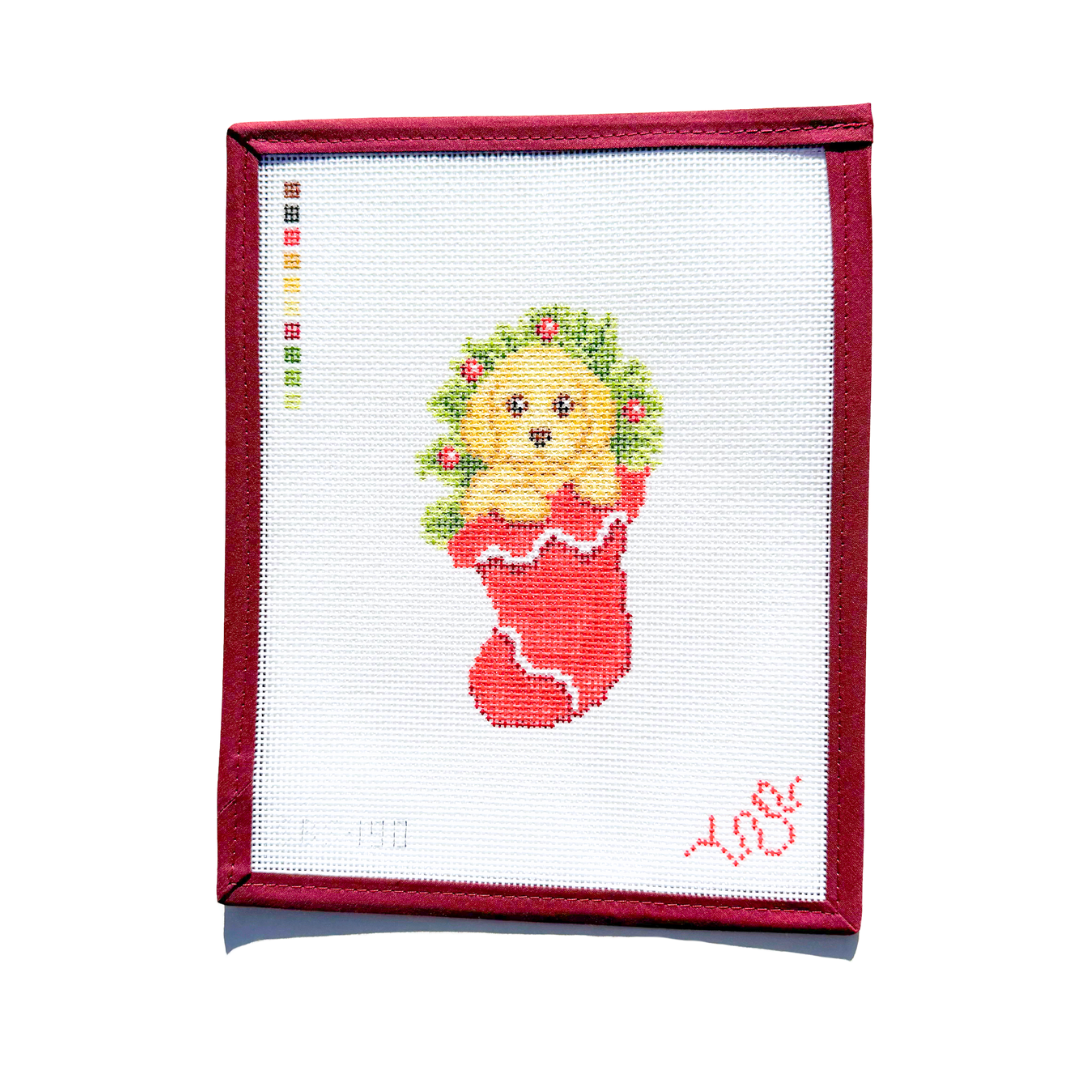 Puppy in Stocking Hand Painted Needlepoint Canvas