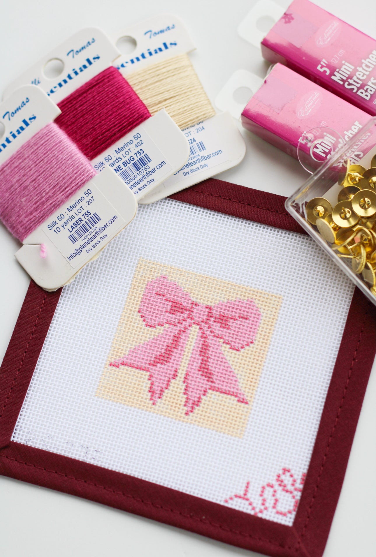 Mini Bow in Pink Needlepoint Canvas