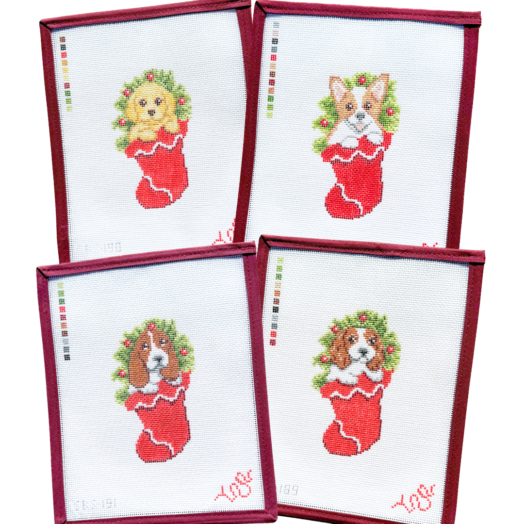 Puppy in Stocking Hand Painted Needlepoint Canvas