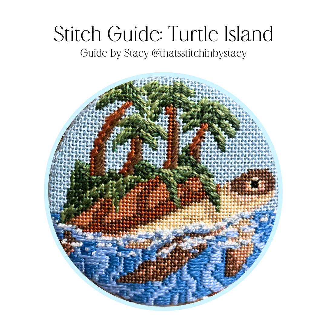 Detailed needlepoint stitch guide for the Turtle Island canvas, featuring a stitched sea turtle carrying an island with palm trees on its back, created by Stacy @thatsstitchinbystacy.