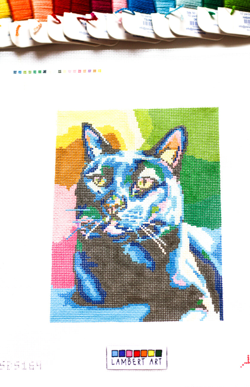 Lambert Art Black Cat Portrait Hand Painted Needlepoint Canvas