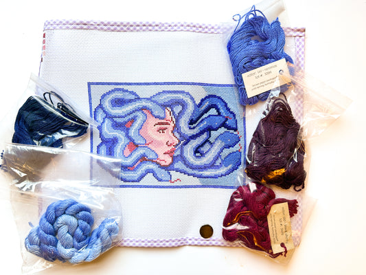 Partially Stitched Medusa Needlepoint Canvas, Blue Colorway THREADS INCLUDED