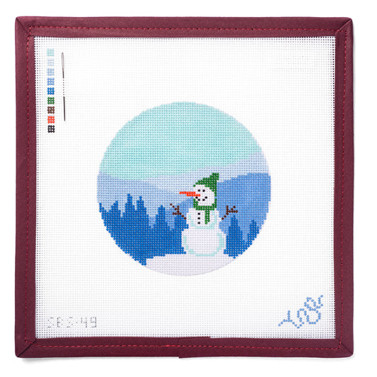 Smoky Mountain Snowman 4" Round Needlepoint Canvas