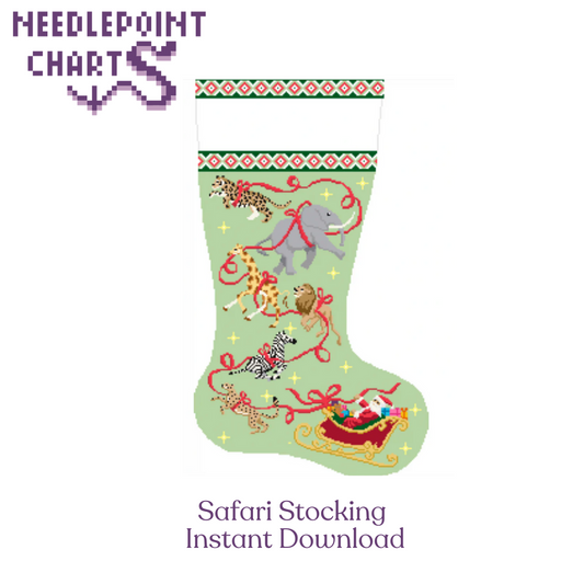 Digital needlepoint chart for a whimsical Christmas stocking featuring safari animals like elephants, zebras, giraffes, and cheetahs, wrapped in red ribbons with a sleigh at the toe.