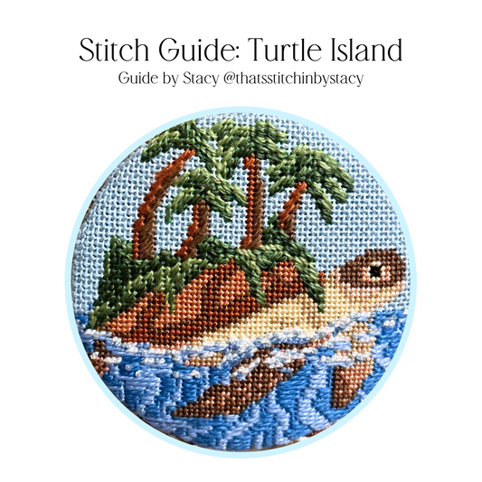 Detailed needlepoint stitch guide for the Turtle Island canvas, featuring a stitched sea turtle carrying an island with palm trees on its back, created by Stacy @thatsstitchinbystacy.